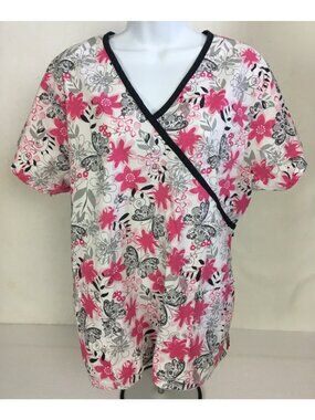 Scrub Studio Scrub Top Size 1X White w Pink Flowers Black Butterflies Pockets